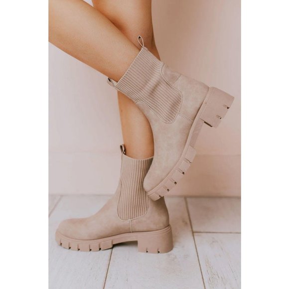 NEW Taupe Beige Chunky Lug Sole Platform Elastic Sock Ankle Chelsea Bootie Boots - Picture 11 of 11